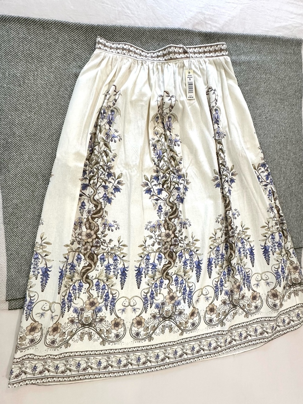 Max Studio Cream Midi Skirt with Blue & Brown Floral Border
